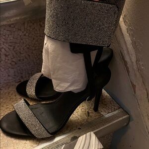 Jeffrey Campbell  Black Satin Heels with Silver Crystal Straps